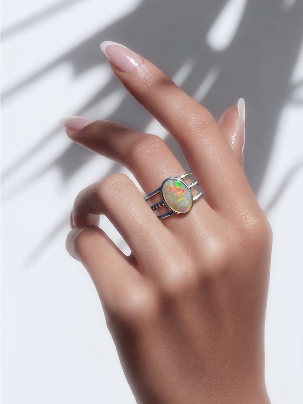 Sterling Silver Opal Ring - Iridescent White Opal